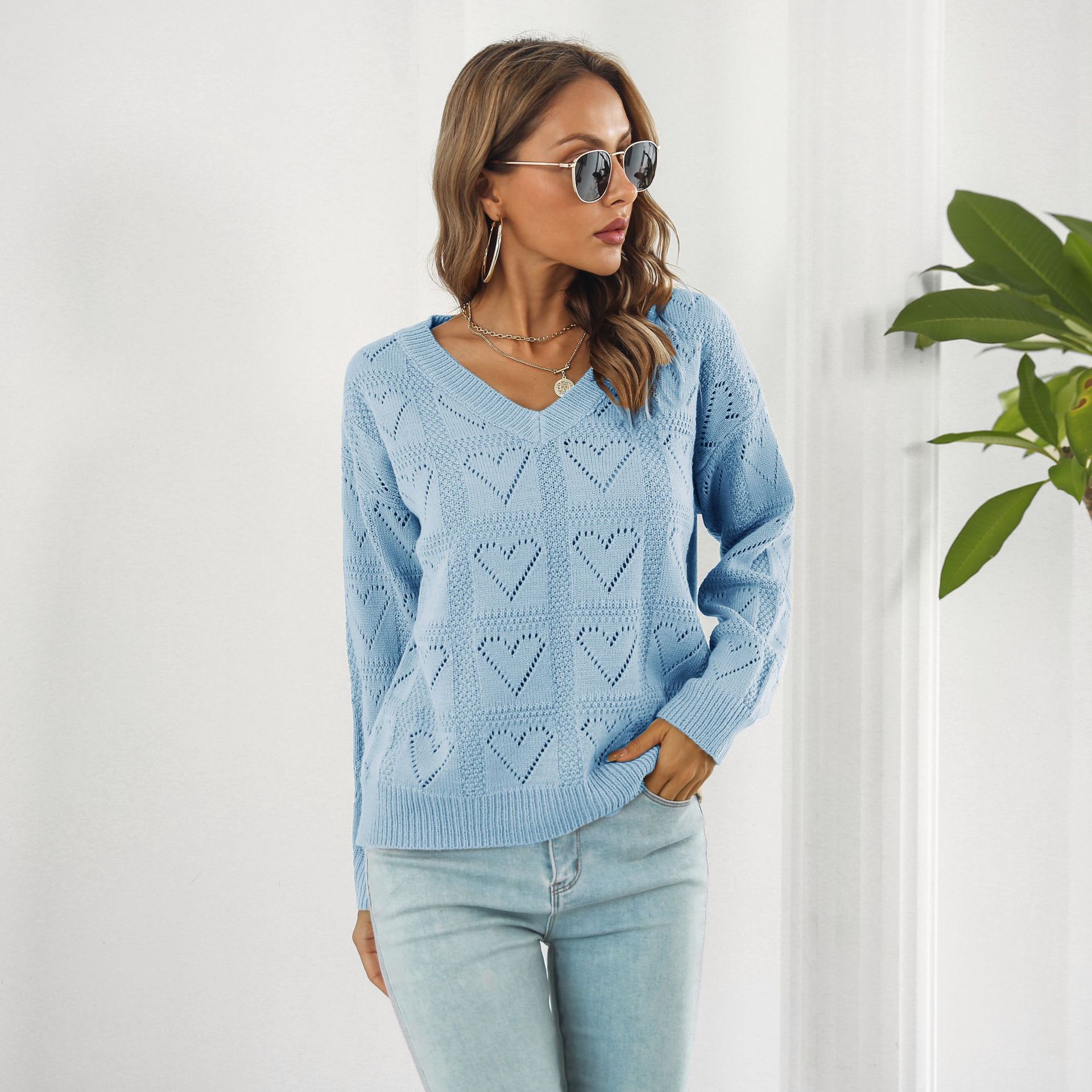 Hollow Out Cutout out Heart Plaid Sweater Women Loose Autumn Winter Long Sleeved Sweater Sweater