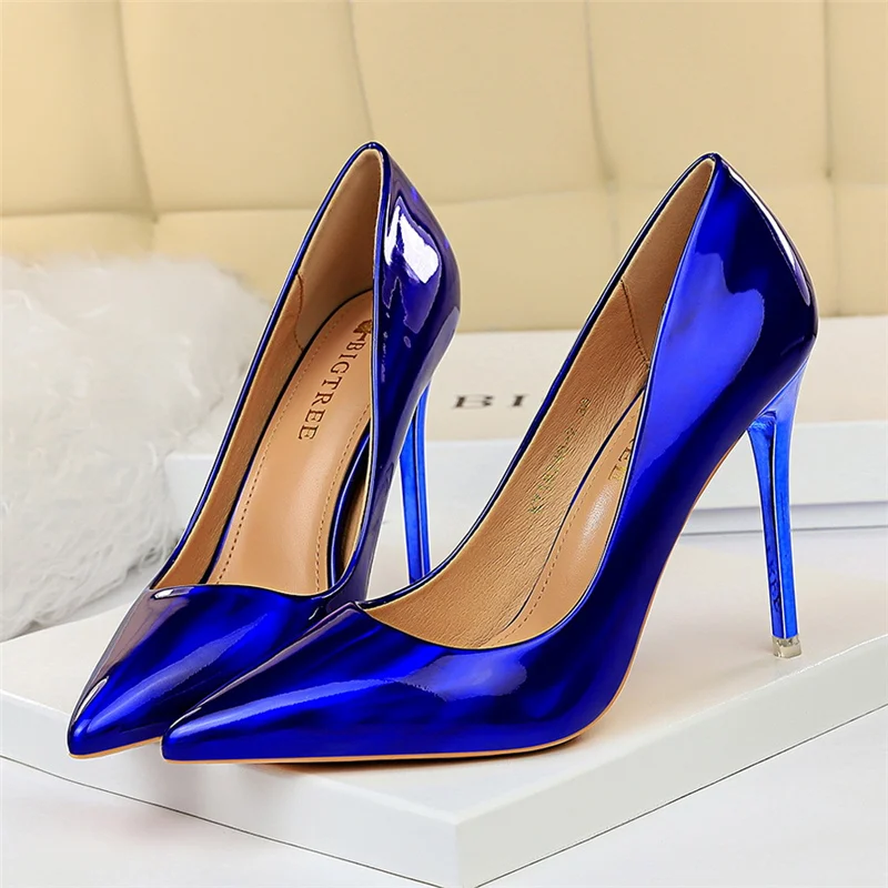 Women 10.5cm High Heels Blue Green Valentine Pumps Luxury Glossy Stripper Stiletto Wedding Bridal Fetish Shoes Plus Size 43