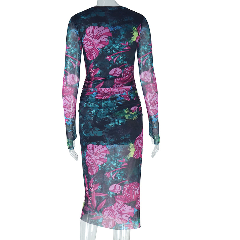 Personality Women Wear Elegant Printed Office Lady Sheath Dress round Neck Long Sleeve Slim Length Dress