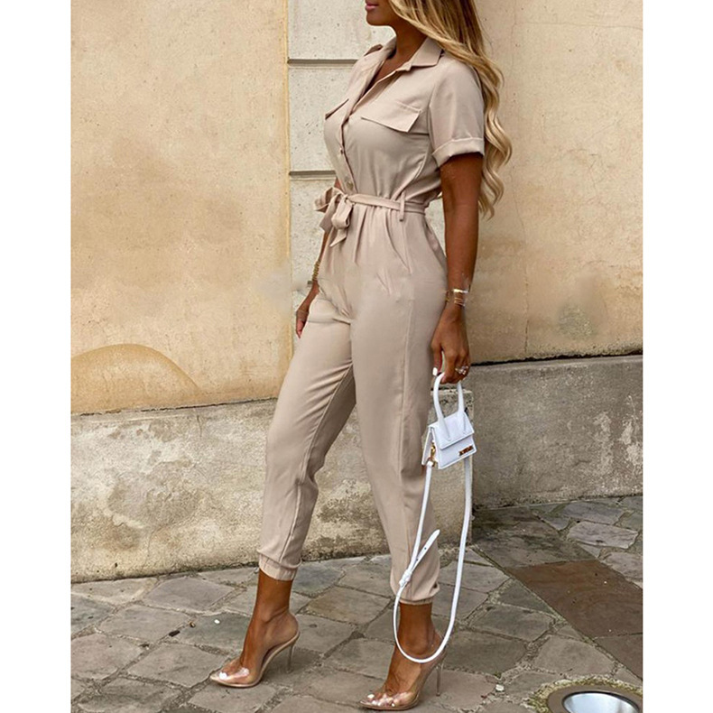 Women Clothing Trousers Casual Collared Button Printed Belt Cargo Overalls Plus size