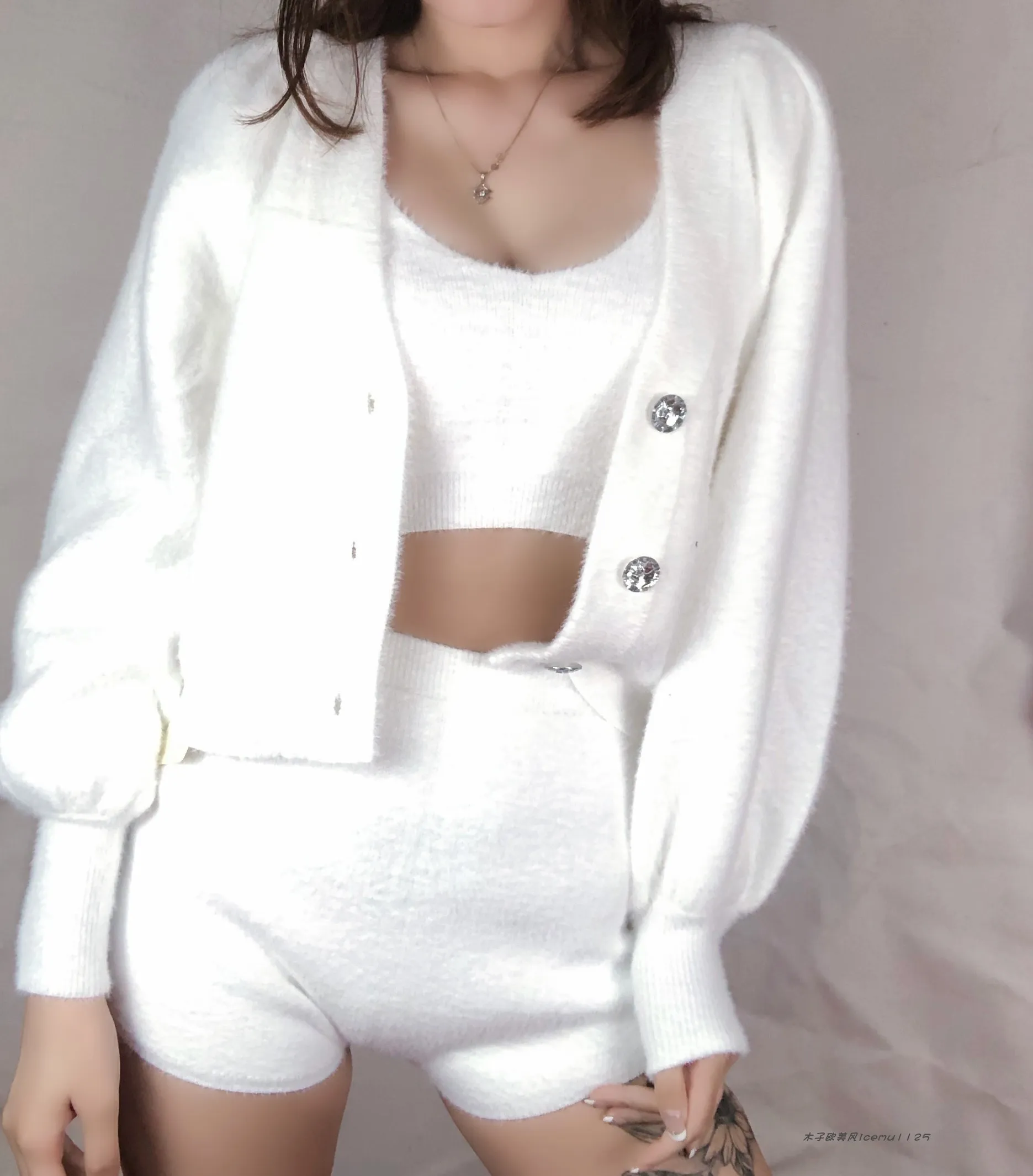 Women's 3-piece Set Korea Style White Cardigan Furry Single-breasted Button Tank Top Knitted Sweater Jumper Shorts Pants Set