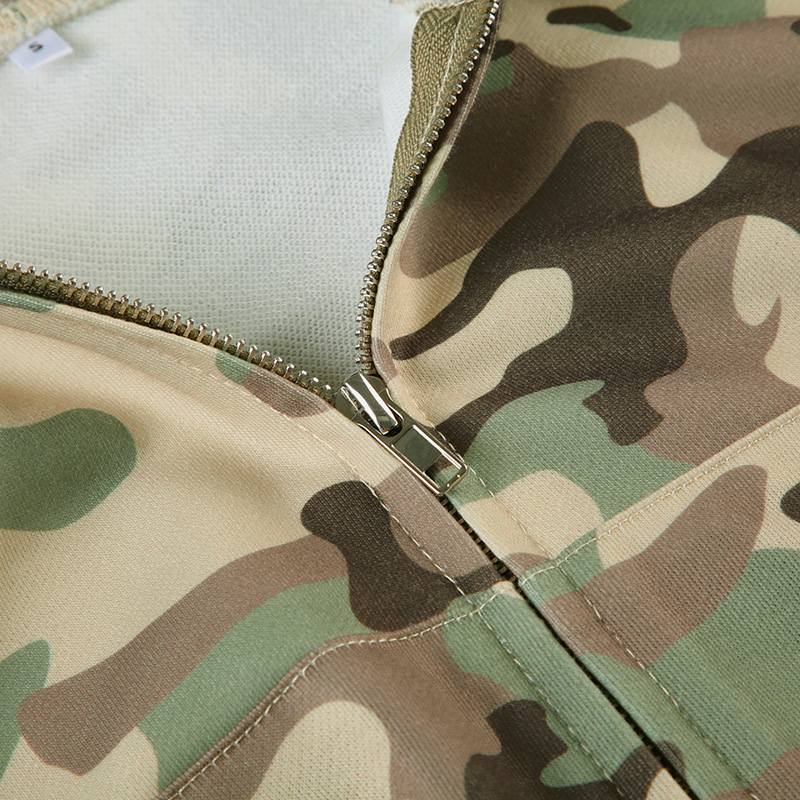 Casual Contrast Color Cinched Hoodie Long Sleeve Sweatshirt Sweatpants Two Piece Camouflage Cardigan Coat Trousers Sets