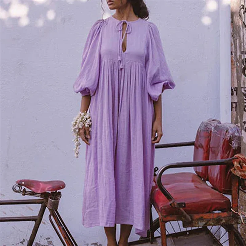 Beach Party Dress Women Summer Solid Color Round Neck Tie Front Puff 3/4 Sleeve Loose Midi Dress Vacation Dresses
