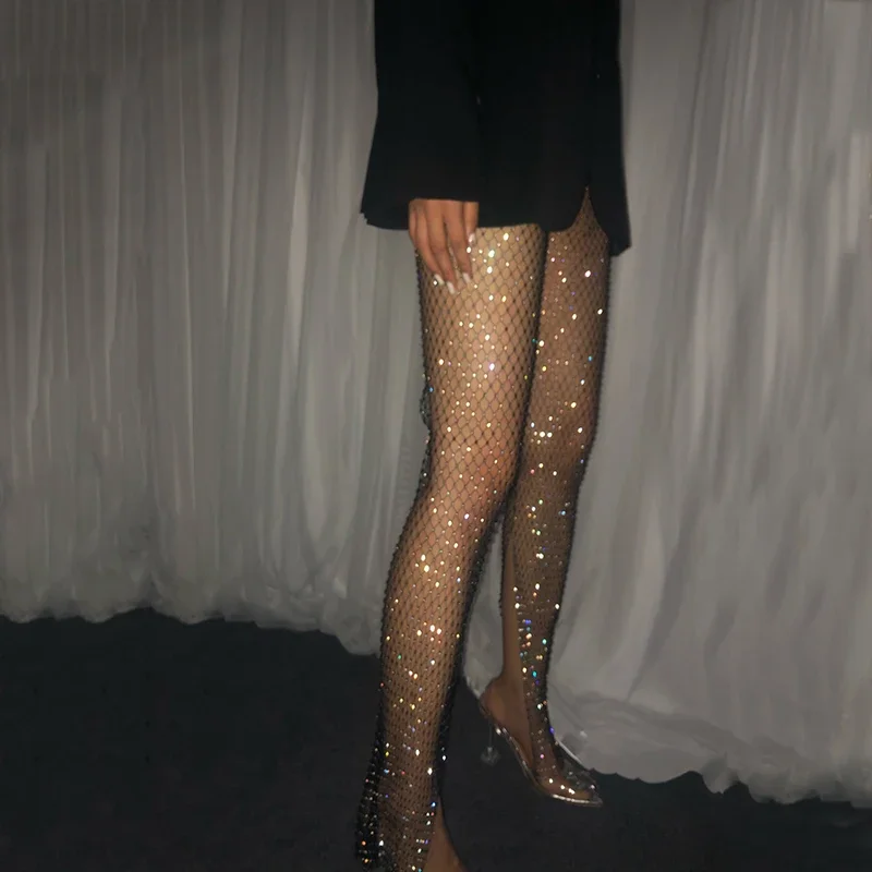 Rhinestone Braid Leggings Women Side Slit Hollow Out Fishnet Stockings Party Sexy Girl Club Sparkling Pant Woman 2025 New