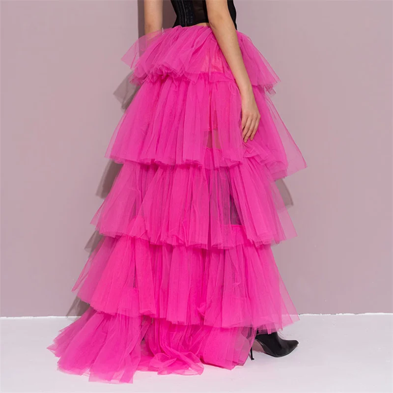 Tulle Skirts Women y2k Solid Color Elastic High Waist Asymmetrical Hem Long Skirts Summer Evening Party Skirt Clubwear