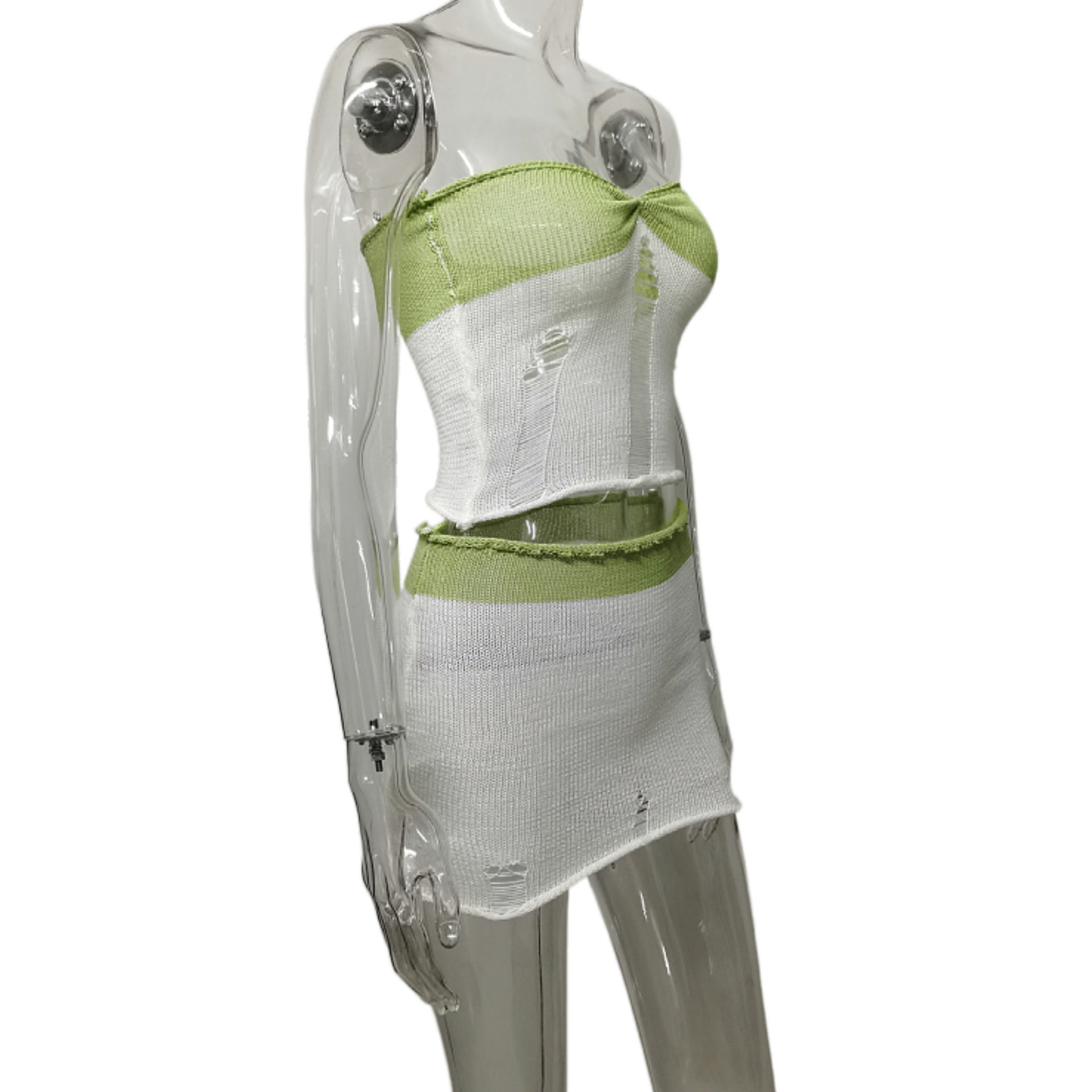 Summer Casual Sexy Sleeveless Hollow Out Cutout Knitted Wrapped Chest Contrast Color Skirt Knitting Suit Women