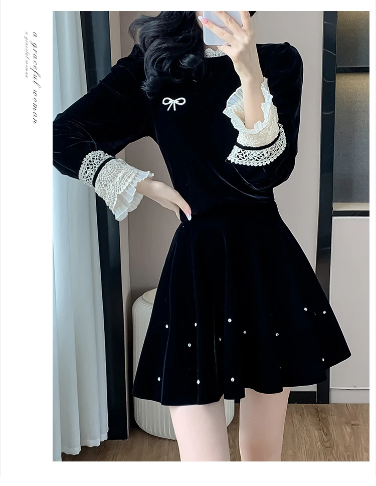 Autumn Elegant Velvet Two-piece Skirt Set Women Long Sleeve Lace Patchwork Crop Top Mini Skirt Korean Fashion Y2K Chic Outfits