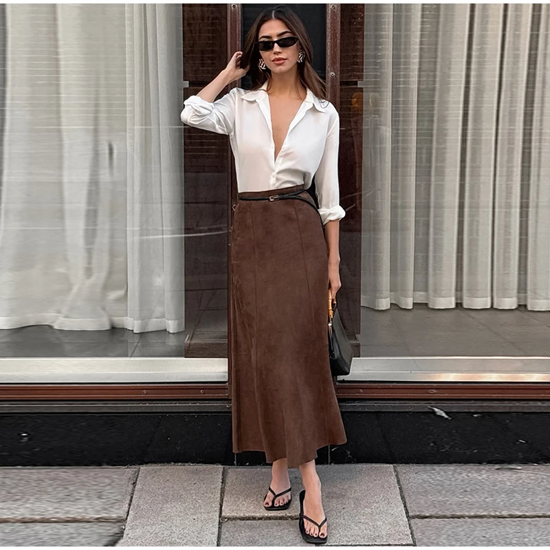 Vintage Suede Brown Skirts Women Fashion Pleated Slim Zipper Office Lady Skirts Elegant Female High Waist Party Wear New
