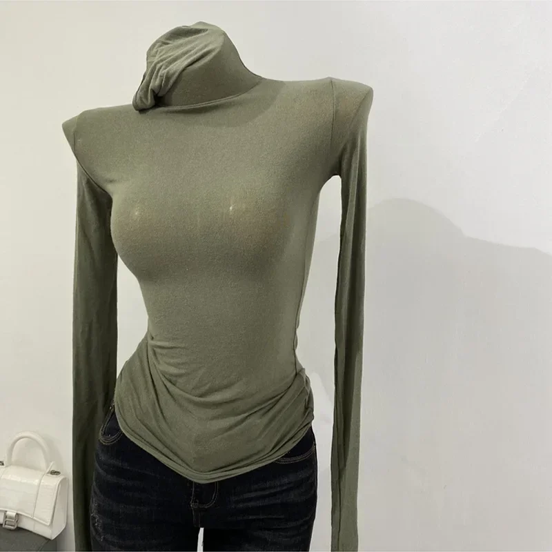 Thin Soft American Long Sleeve T-shirt High Stacked Neck Tight Perspective Bottom Shirt Women's Slim Fit Tops Sexy Streetwear