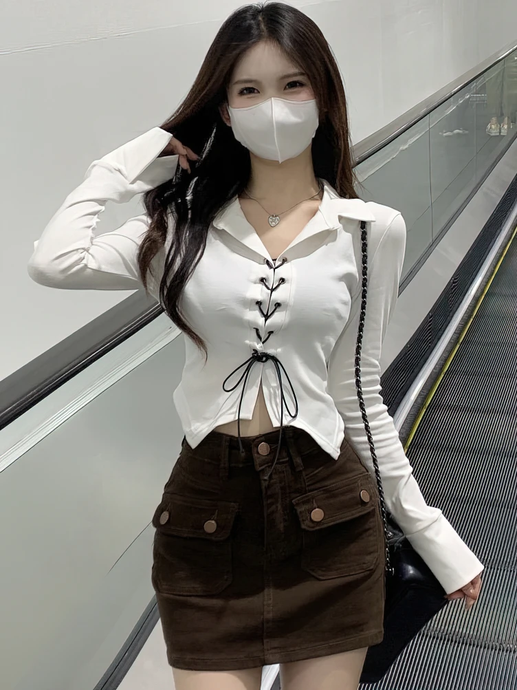 Lace Up Long sleeve Korean Dongdaemun Youth Trend Shirts Blouses Women Autumn Basic Crop Shirt New White Black