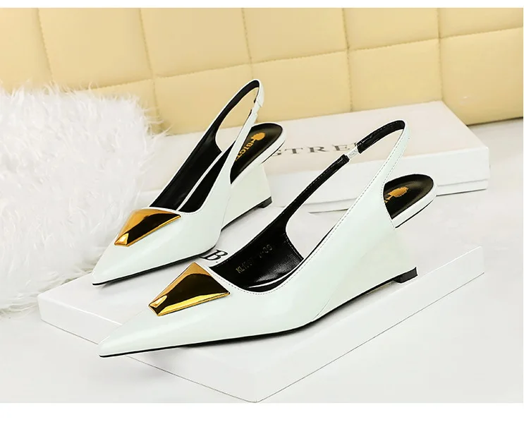 Patent Leather High Heels Wedges Shoes Lady Trendy Pumps Pointed Toe Hollow Back Strap 6.5 Cm Women Sandals White Heels Shoes