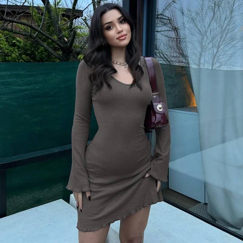 O Neck Long Sleeve Rib Solid Mini Dresses Y2K Streetwear Wholesale Elegant Outfit Ladies Summer Casual Women Clothes