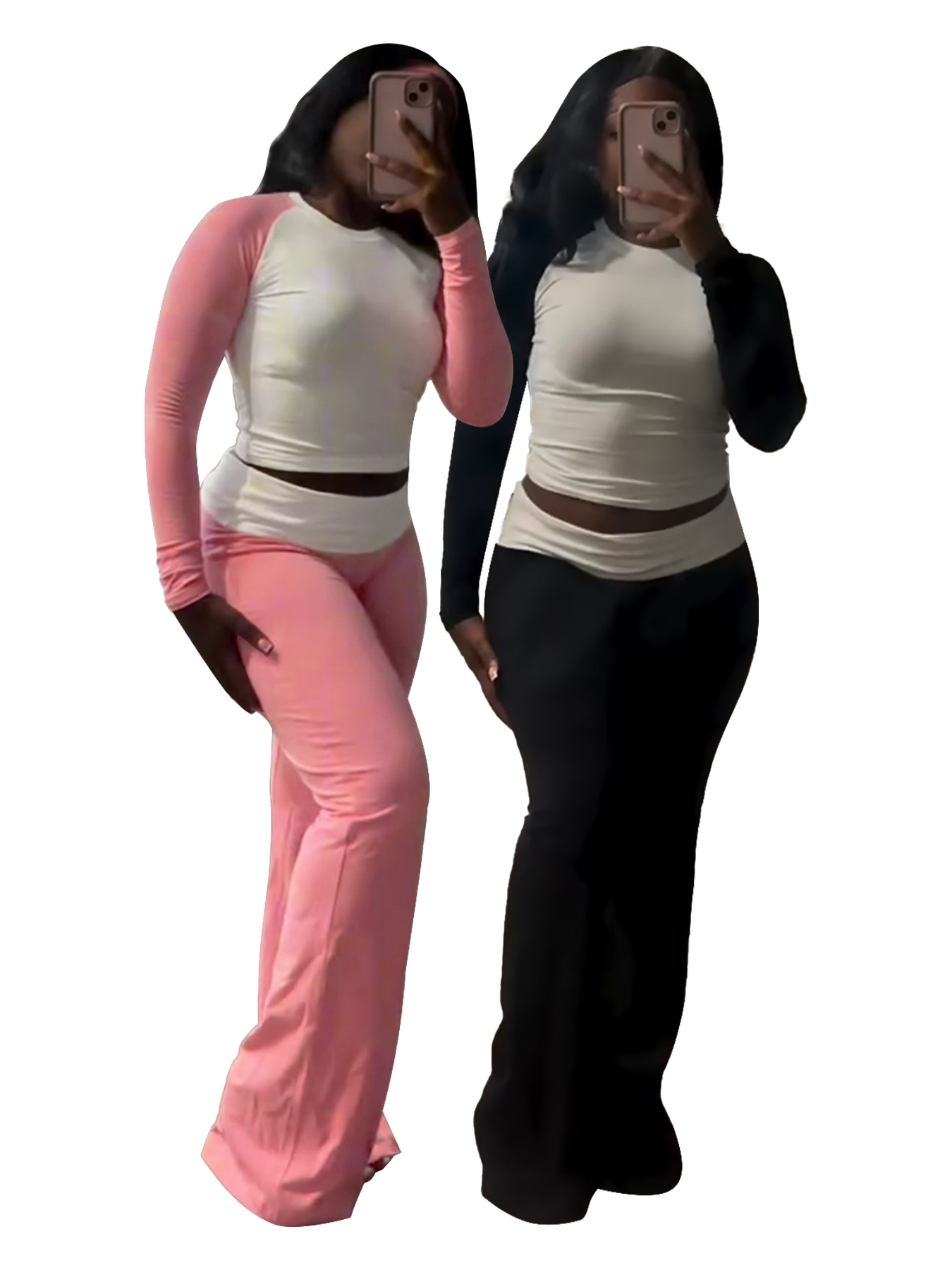 Women Clothing Contrast Color Tight High Waist Fold Slim Trousers Fleece Lined Two Piece Sets