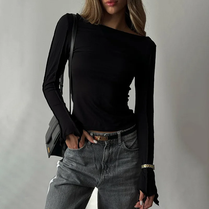 Fashion Patchwork Inner T-shirt Top For Women High Waist Solid Slim Casual Irregular Ruched Streetwear Female Commute Tee