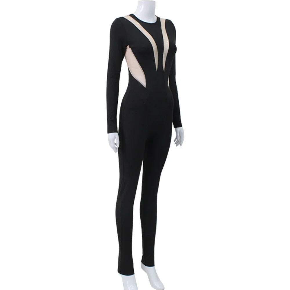 Mesh Stitching Jumpsuit Women Long Sleeve Bodycon One Piece See Through Monos Mujer Elegante Club Sexy Women's Playsuit