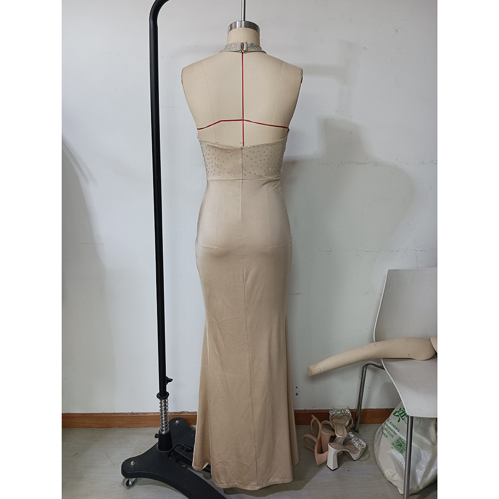 Summer Internet Celebrity Drilling Elastic Mesh Sling Dress Sexy Fishtail Dress Elegant High Sense Footwear