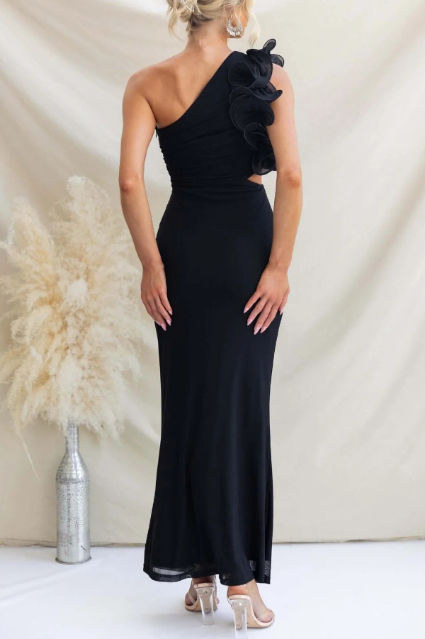 Fashionable Mesh Sleeveless One-shoulder Waist-revealing Maxi Dress