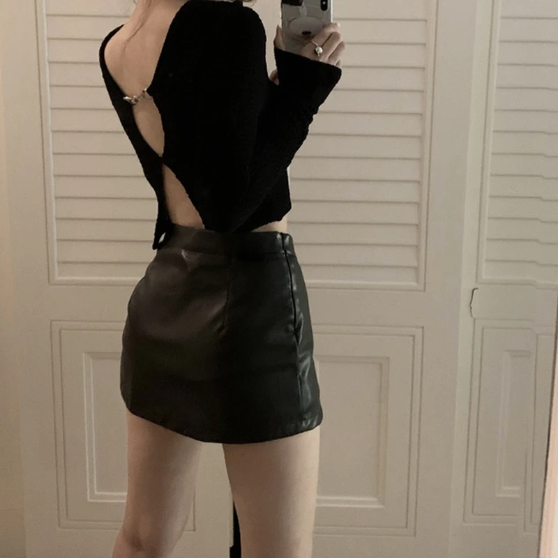 PU Leather Skirt y2k Clothes Women Solid Color Low Waist Side Slit A Line Mini Skirts Club Party Skirt Party Clubwear