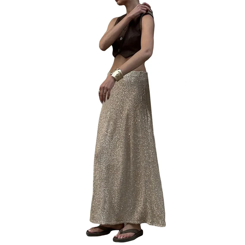 Sequin Long Skirts for Women Solid Color Elastic High Waist Skirt Fashion Elegant Ladies Evening Party Skirt Clubwear