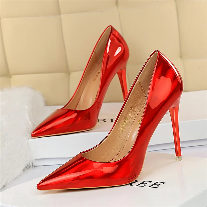 Women 10.5cm High Heels Blue Green Valentine Pumps Luxury Glossy Stripper Stiletto Wedding Bridal Fetish Shoes Plus Size 43