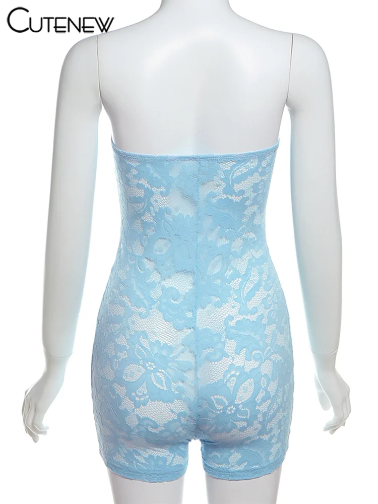 Lace Sexy Hot Playsuit Women Solid Sleeveless Wrapped Chest See Through Coquette Slim Fit Rompers Female Attractive Wear