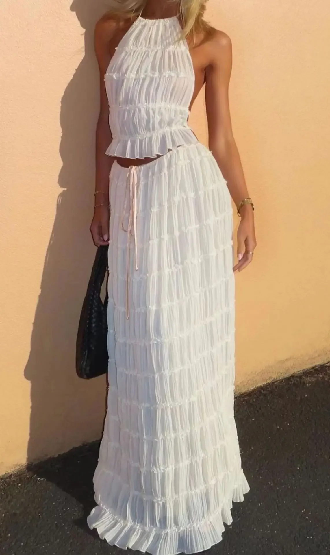 Bandage Fashion 2 Piece-Set Maxi Skirt Female Ruffled Summer Lace Elegant Streetwear Halter Top And Long Skirt Women Sets