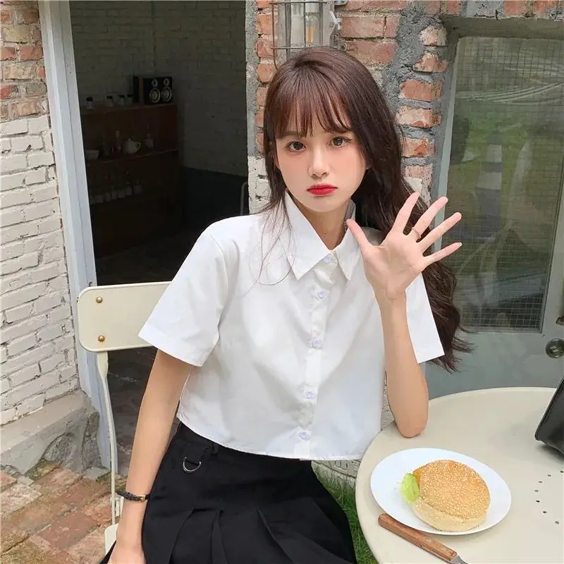 Oversize White Cropped Shirt Women Summer Short Sleeve Polo Neck Sweet Preppy Button Short Shirts Korean Female Blouses Blusa