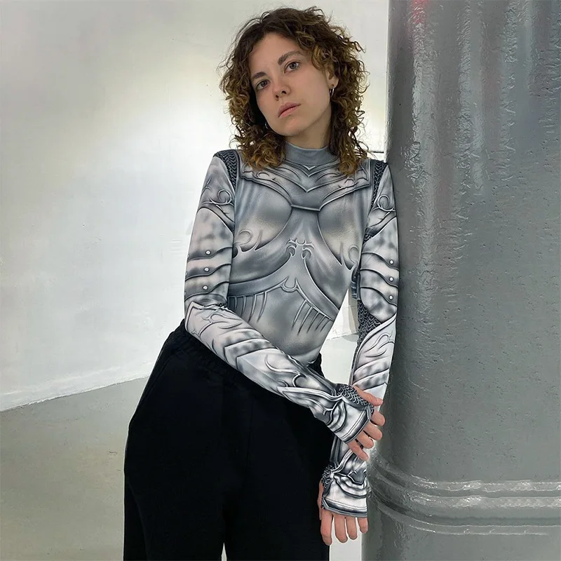 Printed Skinny Sexy Bodysuit Lingerie Gray One-pieces Bustier Long Sleeve Corset Top Streetwear Fashion Trends Women Clothing