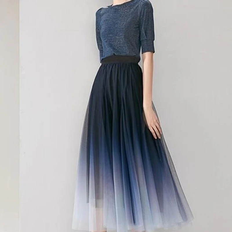 Elegant Tulle Skirts Women High Waist Gradient Mesh Pleated Midi Skirt Korean Elastic Loose Casual All Match A Line Skirt