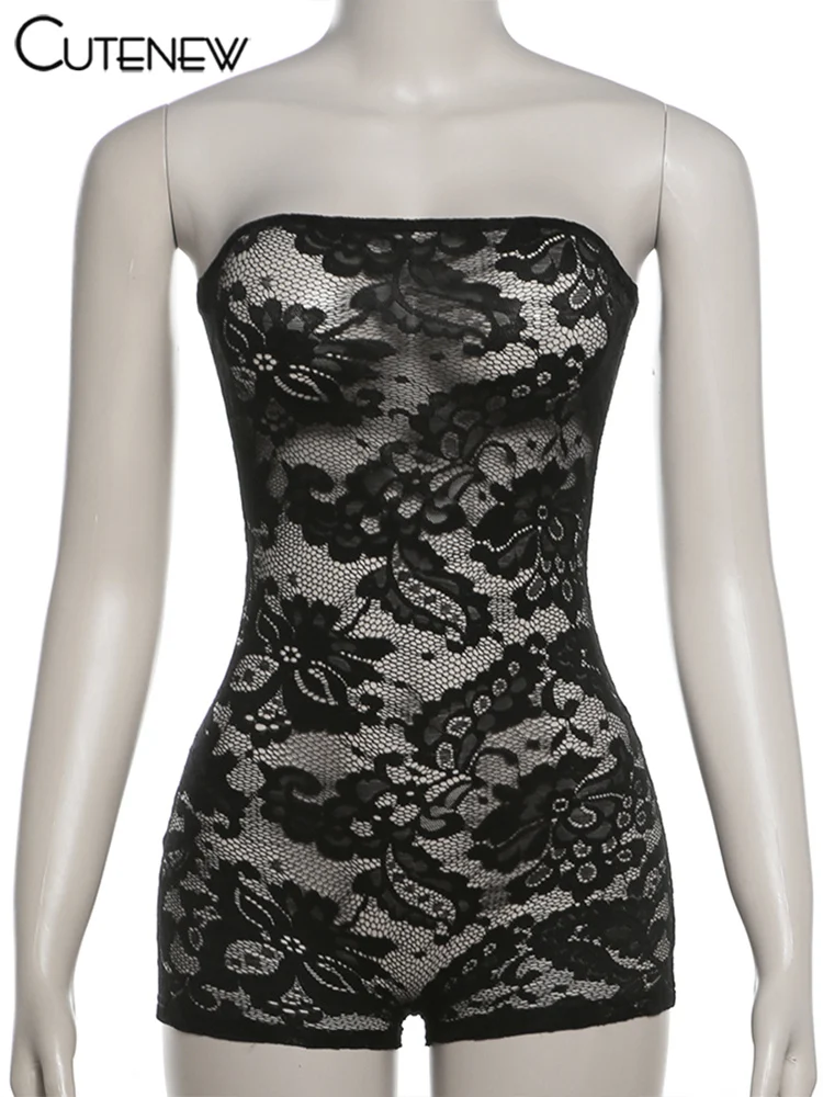 Lace Sexy Hot Playsuit Women Solid Sleeveless Wrapped Chest See Through Coquette Slim Fit Rompers Female Attractive Wear
