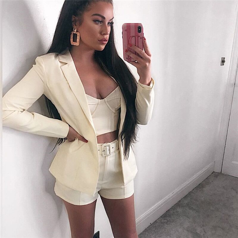 Top Shorts Suit with belt Sexy Women Casual Polo Collar Cardigan