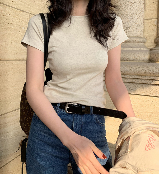 White T shirt Women Shoulder Short Sleeve Slimming round Neck Cotton Bandage Dress Bottoming Top