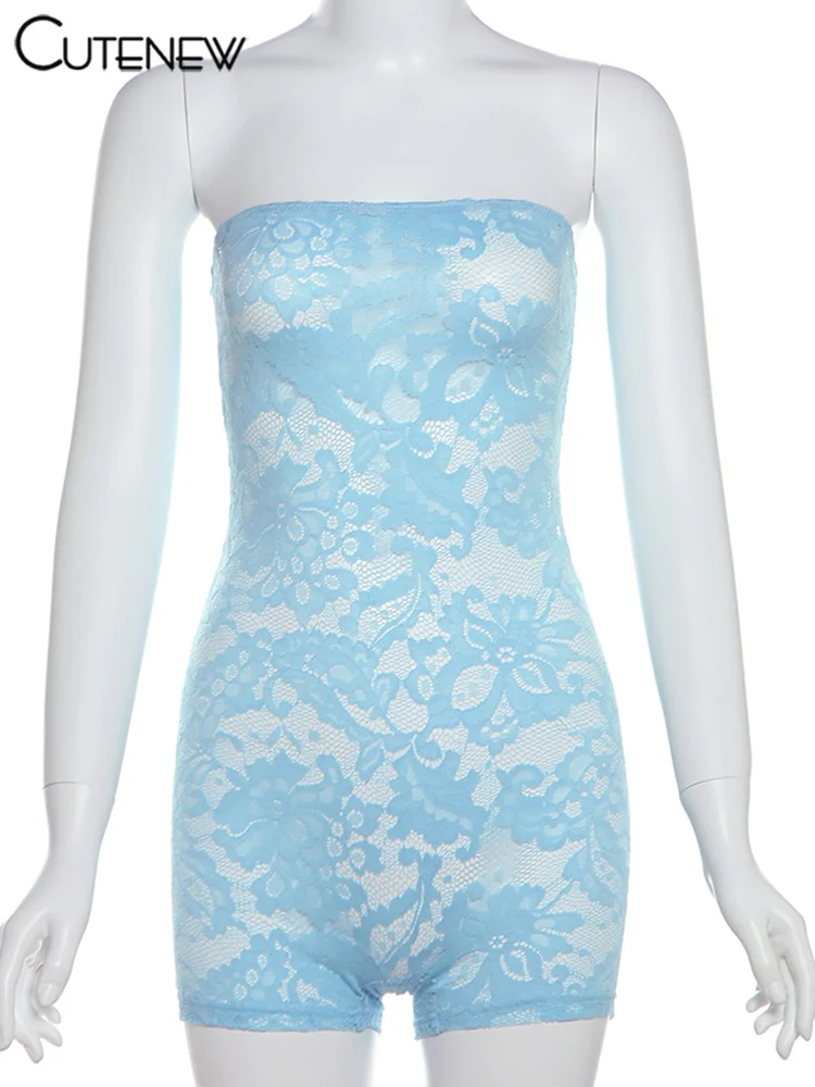 Lace Sexy Hot Playsuit Women Solid Sleeveless Wrapped Chest See Through Coquette Slim Fit Rompers Female Attractive Wear