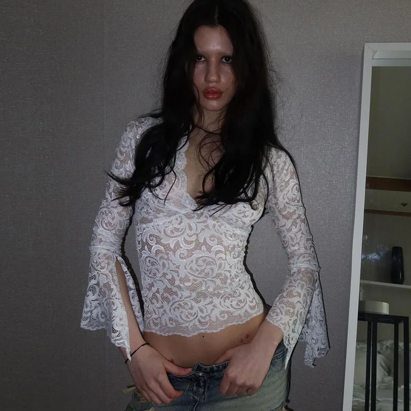 Lace See-Through Sexy Y2k Top T-shirt Women V-Neck Patchwork Hollow Out Fashion Cropped Top Night Club Clothes Crop top