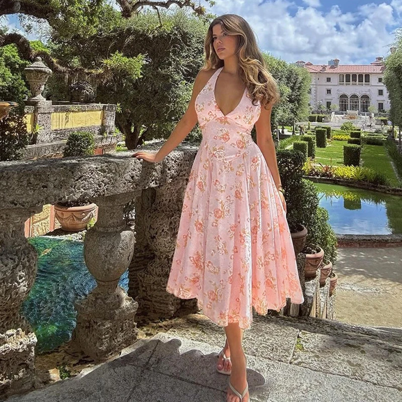 Sexy Print Deep V-neck Sleeveless Backless Neck-mounted Dress Women Slim High Waist Birthday Party Dress Femme Outfits