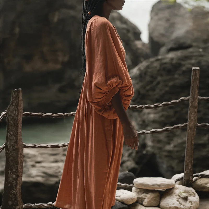 Beach Party Dress Women Summer Solid Color Round Neck Tie Front Puff 3/4 Sleeve Loose Midi Dress Vacation Dresses