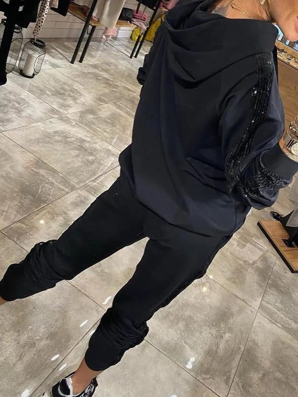 Casual Sequin Pocket Sports Hooded Sweatshirt Sweatpants Suit
