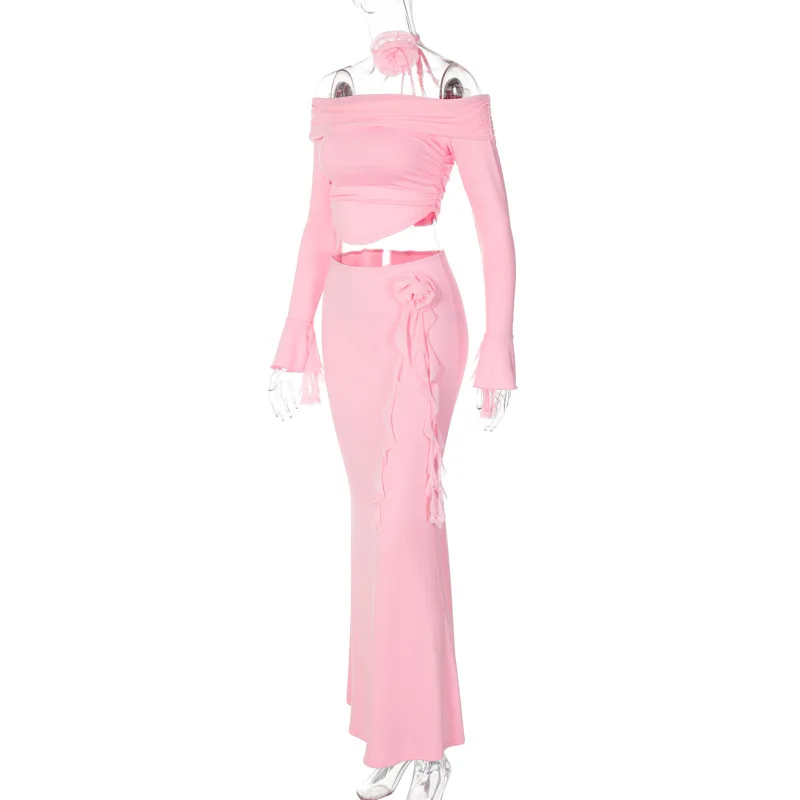 Winter New Sexy Long Sleeved Half Skirt Set For Woman 3D Flower Slim Tight Long Skirt Party Evening Dress Two Piece Set