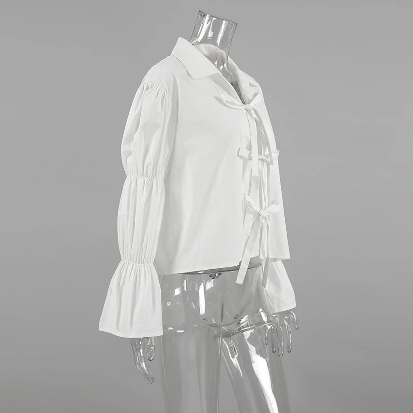 Chiffon Lace-Up Hollow Out Shirts Women's Lapel Patchwork Bandage Long Sleeve Fashion Blouse Top Female White Outwear