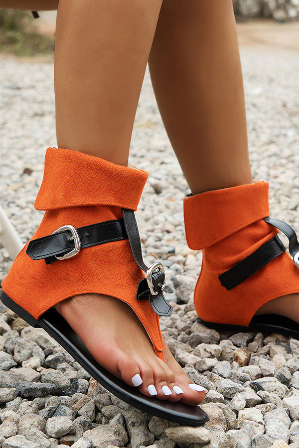 High-top Flat Denim Thong Sandals with Buckle Straps.