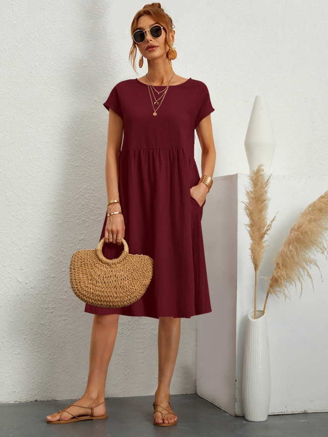 Short Sleeves Midi Shift Dress for Women - Minimalist Solid Color Loose T-shirt Dress with Pockets - Summer Daily Casual 2026