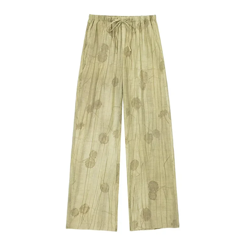 New Linen Tie-dye Print Long Pants Sets For Women Lapel Half Sleeve Single Breasted Shirts Drawstring Wide Leg Pant 2 Pieces Set