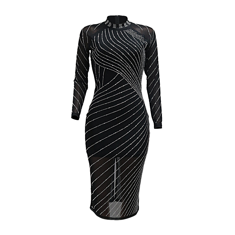 Women Wear Drilling Slim Fit Long Sleeve Narrow Slim Fit Dress