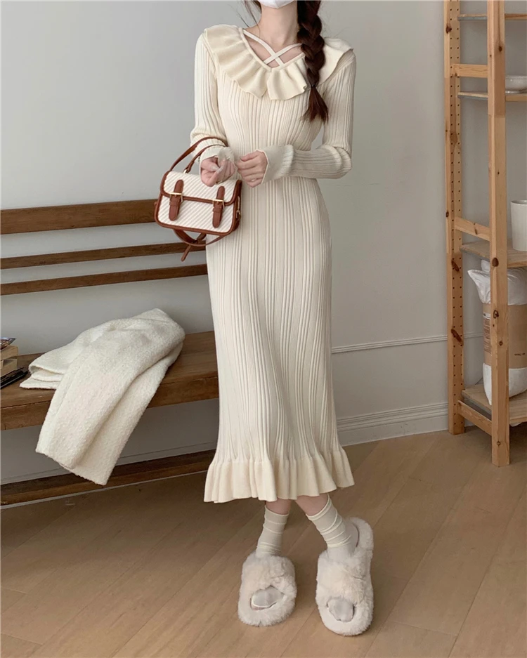 Autumn Knitted Dresses for Women Ruffles V-neck Solid Bodycon Casual Solid Midi Dress Korean Fashion Vestidos Mujer New Knitwear
