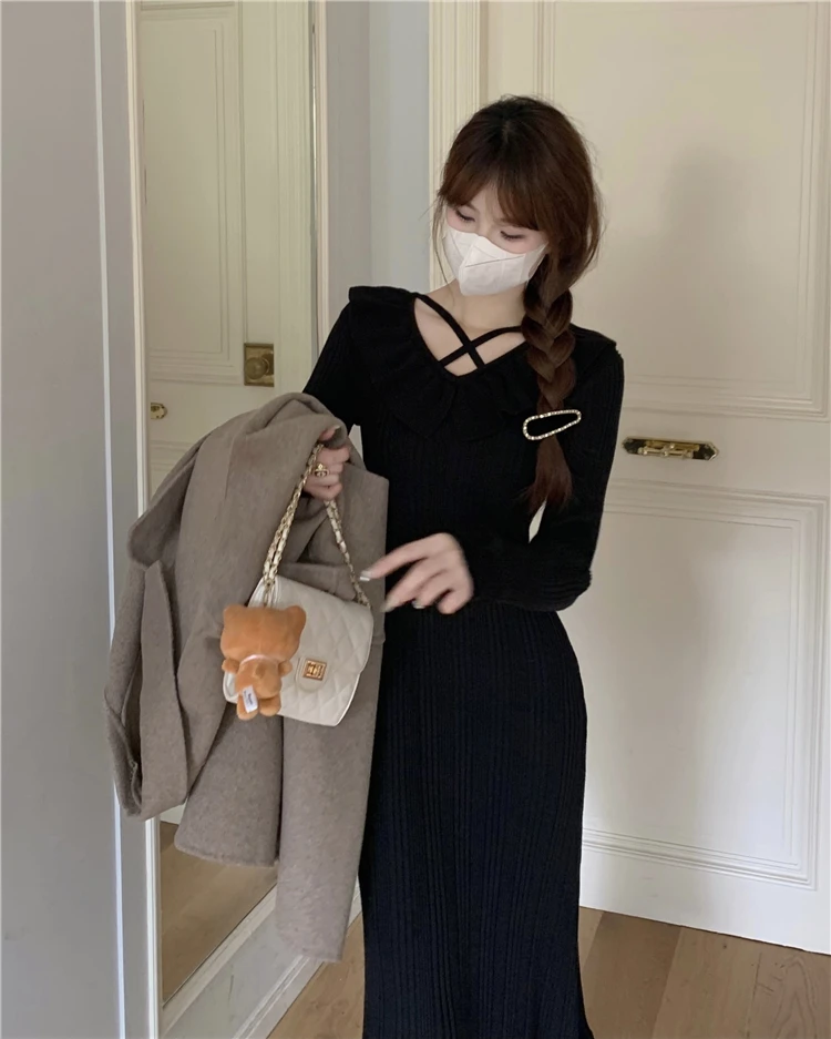 Autumn Knitted Dresses for Women Ruffles V-neck Solid Bodycon Casual Solid Midi Dress Korean Fashion Vestidos Mujer New Knitwear
