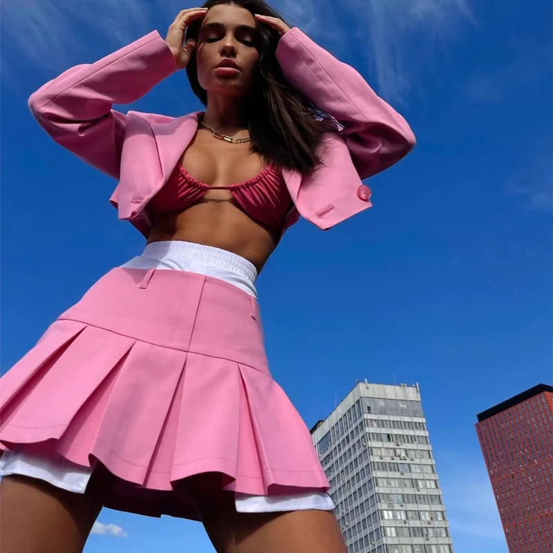 2025 Fall Women Blazer Suit Two Piece Sets Turn-down Collar Blazers Tops And Pleated Skirts Femme High Street Y2K Outfits