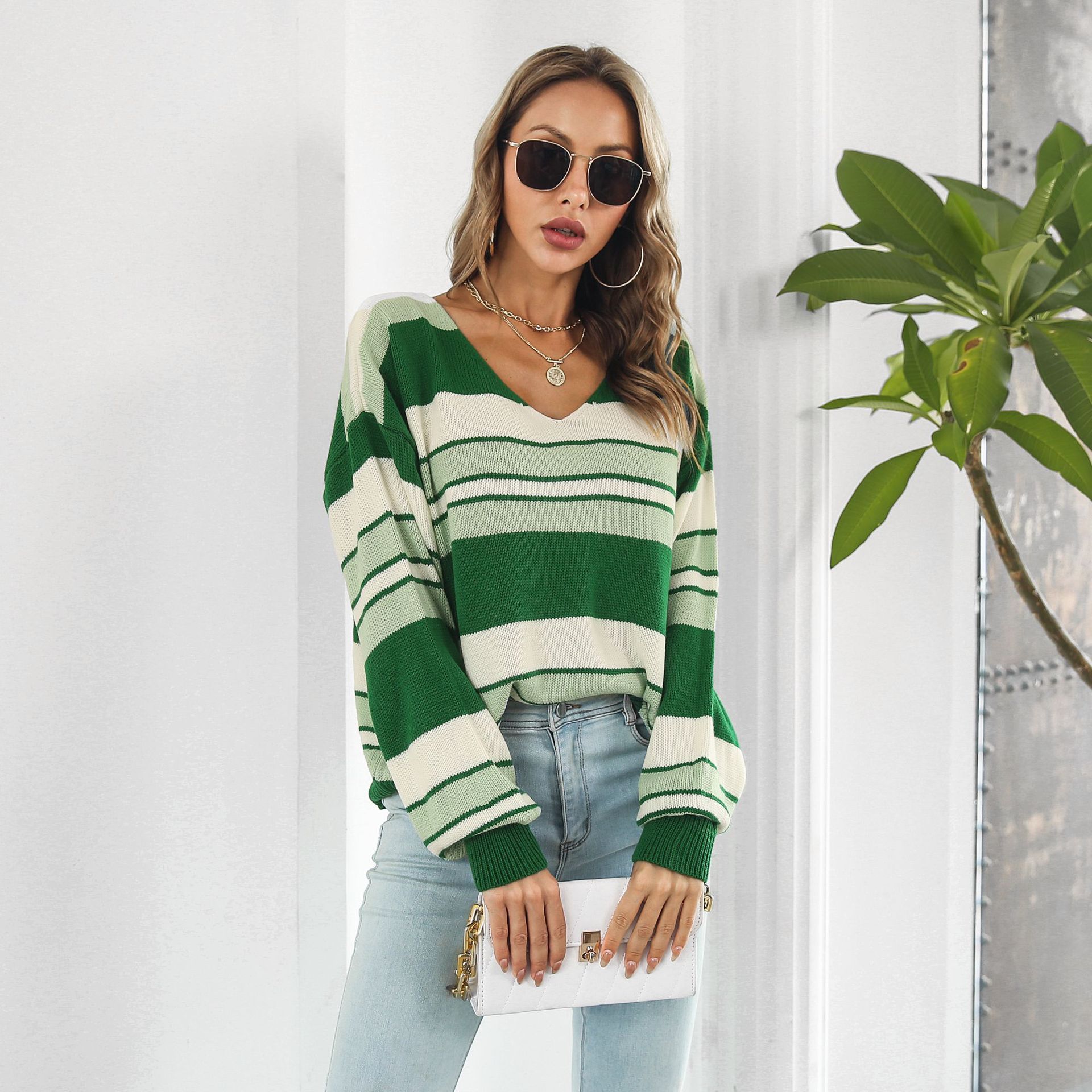 Striped Gradient Color V neck Long Sleeved Women Loose Autumn Winter Knitwear Sweater