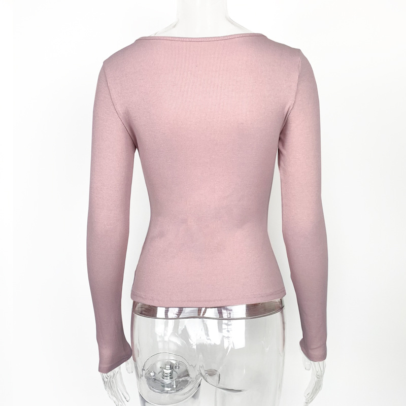 Women Clothing Autumn Winter Chest Hollow-out Long-Sleeved Top Sexy Stretch Rib T-shirt for Women
