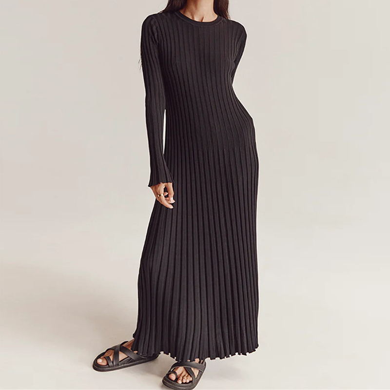 Women Elegant Ribbed Knit Full Sleeve Maxi Dress Crew Neck Bodycon Pencil Long Dress Tie Waist Dress 90s Vintage Streetwear