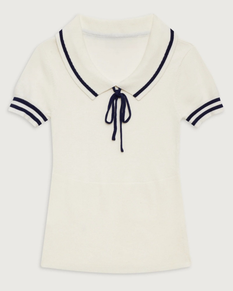 Preppy Casual Women Summer Short Sleeve Contrast Color Polo Collar Knitted Top Pleated Skirt Sets